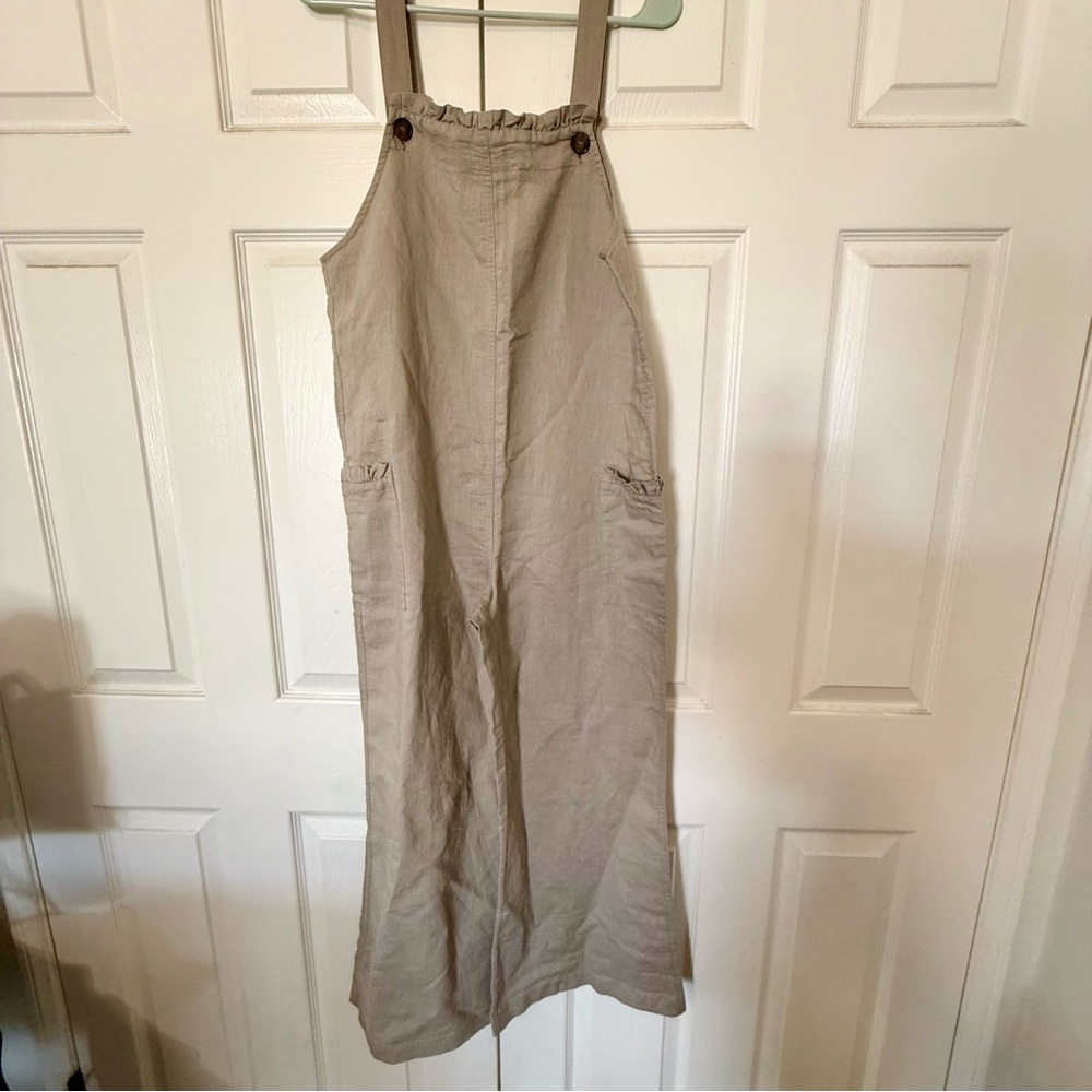 100% Linen light tan/ Sand colored Women's Cropped Wide Leg Jumpsuit Medium Boho - Picture 3 of 10